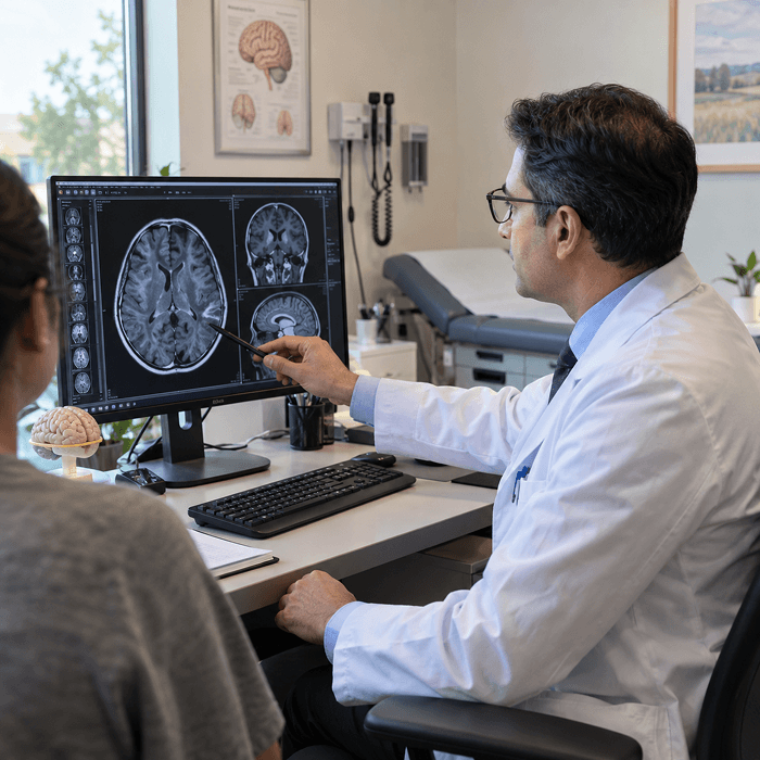 Neurologist reviewing a brain MRI scan during an epilepsy evaluation at TP Health in Missouri City, TX.