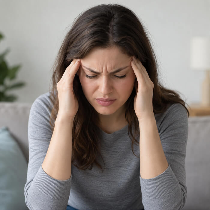 A young woman pressing her temples with her eyes closed while experiencing severe headache symptoms.