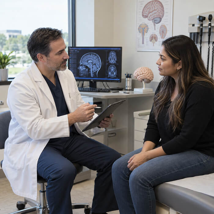 A neurologist reviewing a patient's headache history during a consultation at TP Health in Missouri City, TX.