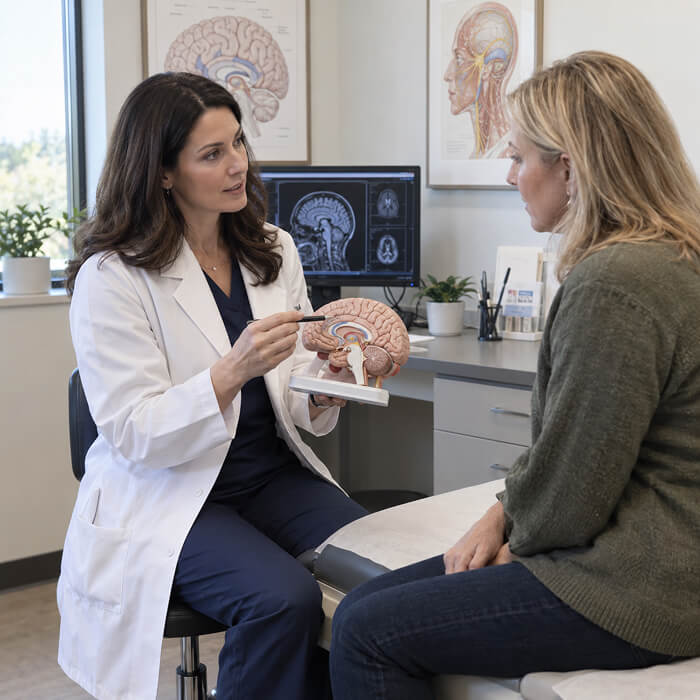 Neurologist at TP Health explaining headache treatment options to a patient using a brain model.