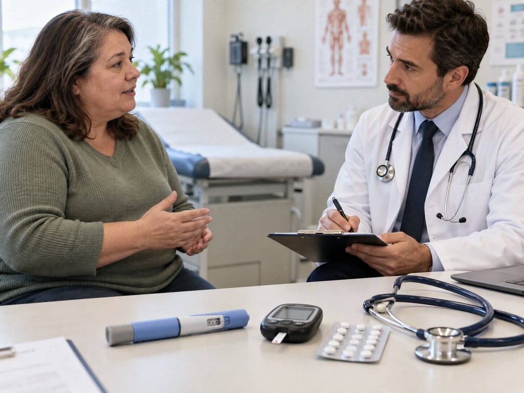 Patient consulting with a doctor who takes notes on a clipboard, with a GLP-1 injection pen, glucose meter, medication blister pack and stethoscope on the table.