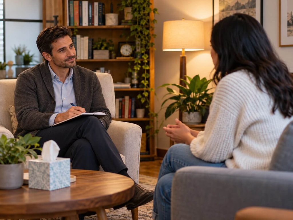 Therapist talking with a patient during a therapy session.