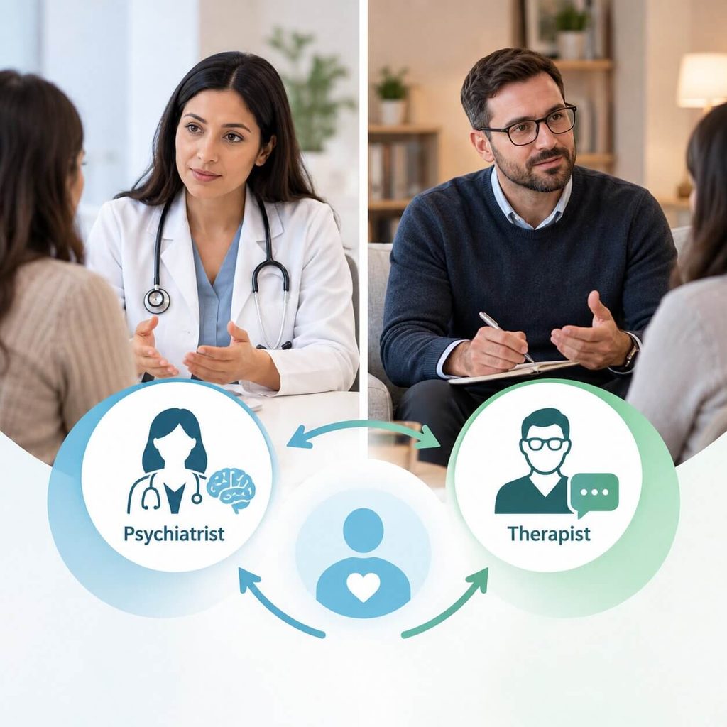 Psychiatrist and therapist icons showing coordinated mental health care at TP Health.